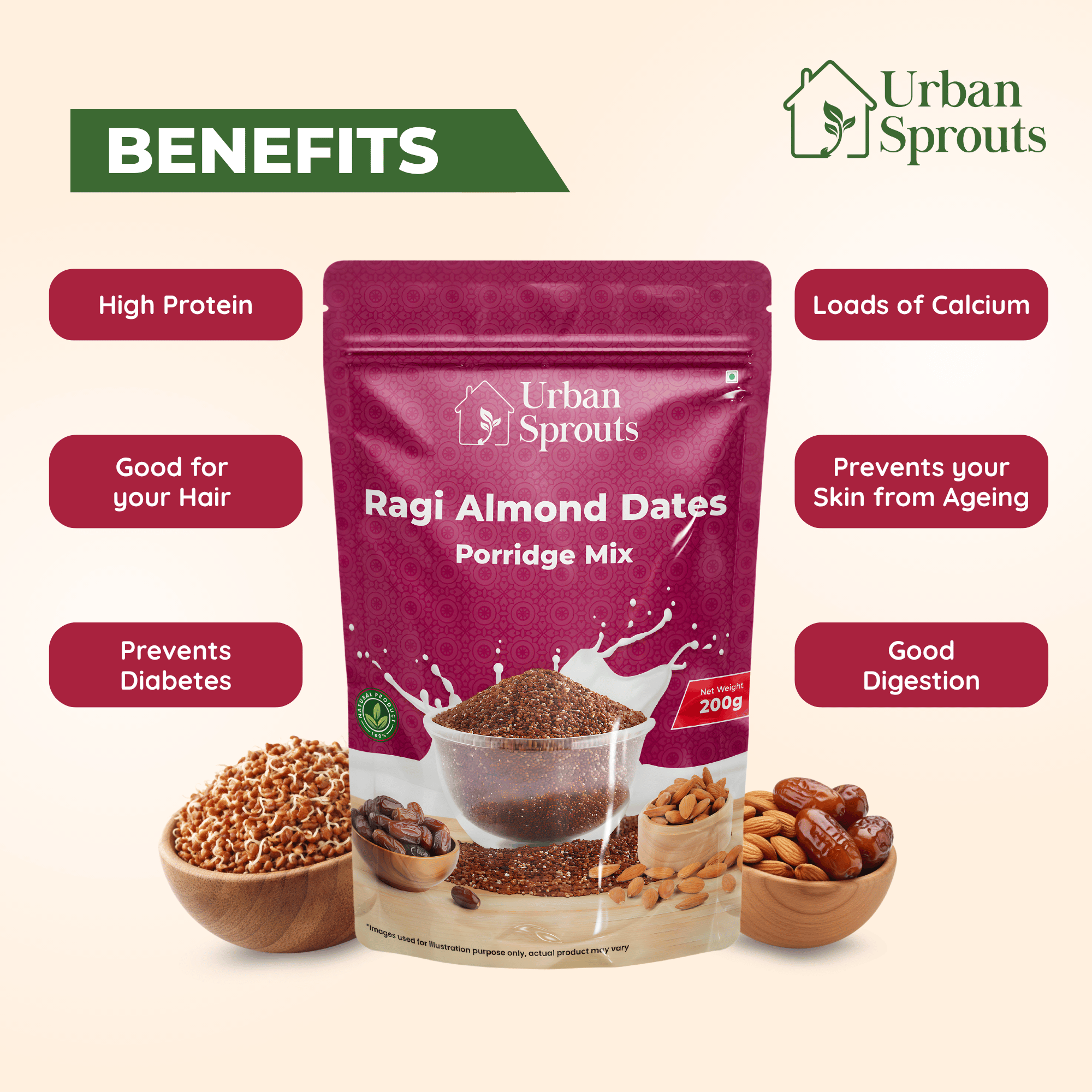 Sprouted Ragi Almond Dates Mix – Nutritious Porridge for Kids & Adults